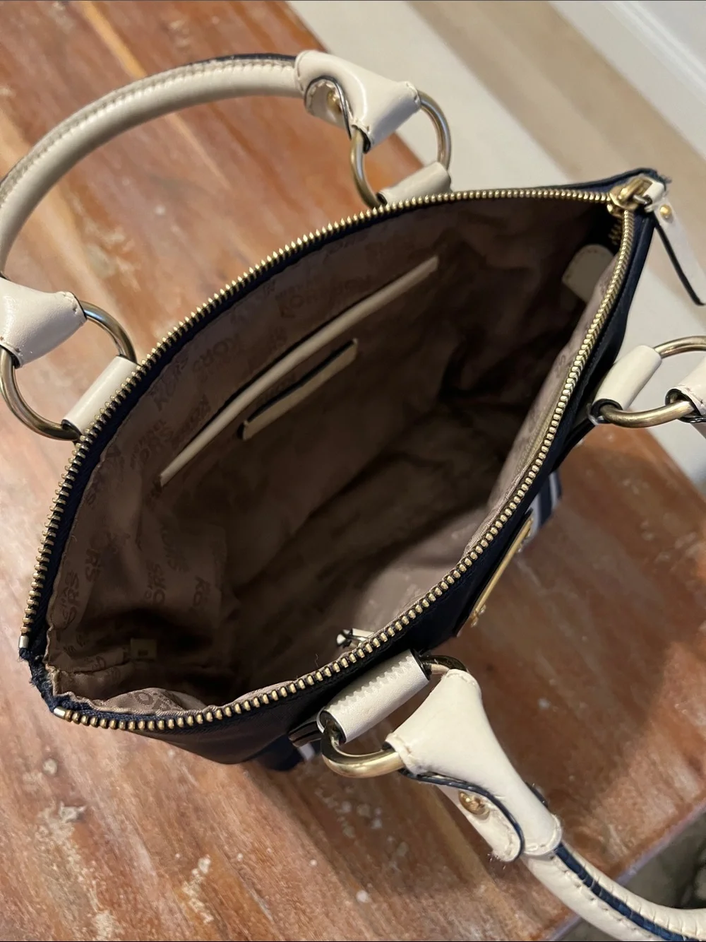Michael Kors Navy and Cream Mini Satchel with Gold Hardware